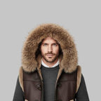 Men Hooded B3 Bomber Brown Shearling Leather Vest