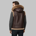 Men Hooded B3 Bomber Brown Shearling Leather Vest