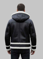 Men Black Hooded Shearling Aviator Leather Jacket