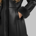 Women Black Hooded Shearling Leather Coat Genuine Sheepskin Fur Lined Jacket