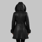 Women Black Hooded Shearling Leather Coat Genuine Sheepskin Fur Lined Jacket