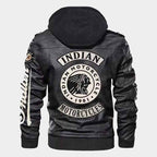 Indian Men's Black Cowhide Leather Bomber Motorcycle Jacket with Removable Hood