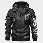 Indian Men's Black Cowhide Leather Bomber Motorcycle Jacket with Removable Hood