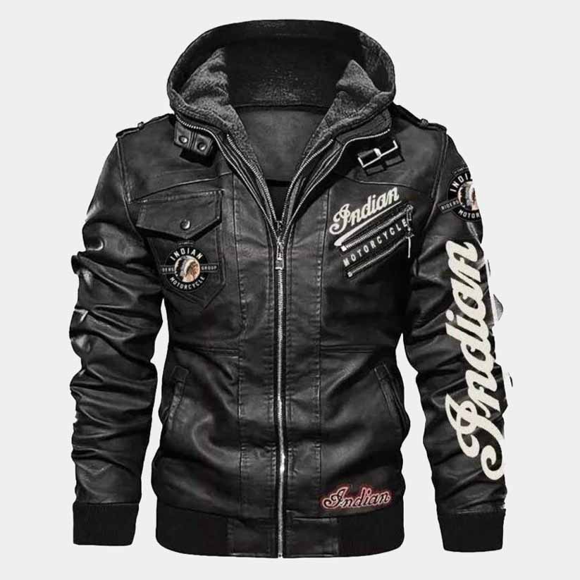 Indian Men's Black Cowhide Leather Bomber Motorcycle Jacket with Removable Hood
