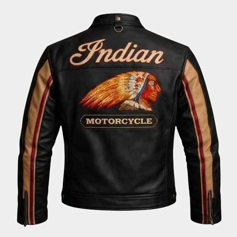 Indian Men's Black Cowhide Leather Motorcycle Jacket with Classic Racing Style