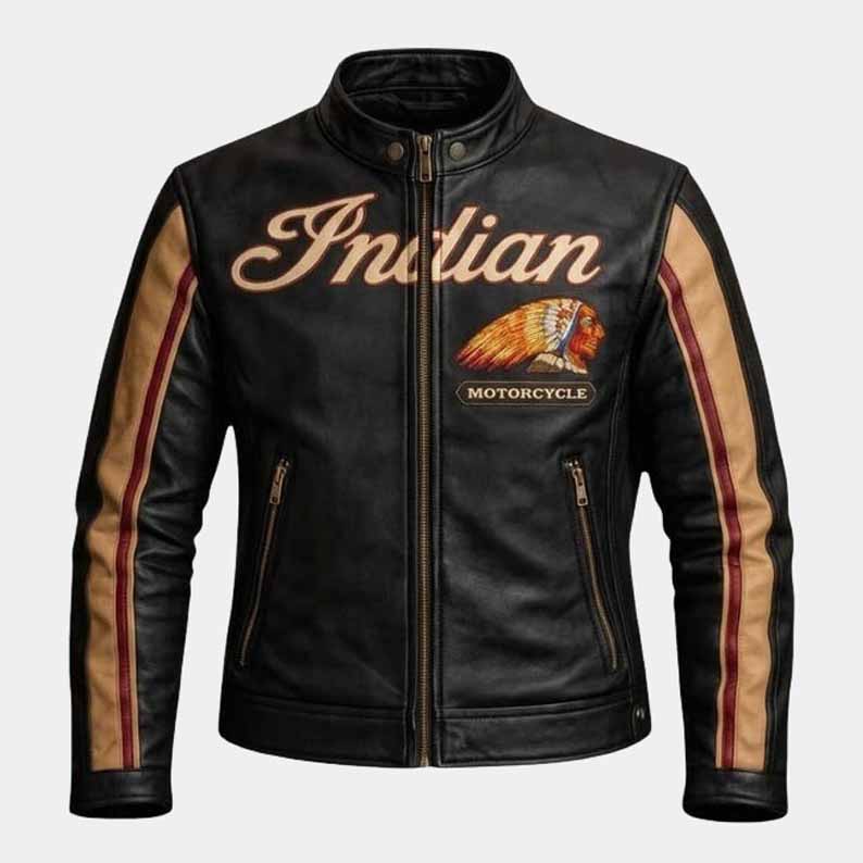 Indian Men's Black Cowhide Leather Motorcycle Jacket with Classic Racing Style