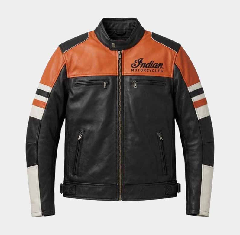 Indian Unisex Black Cowhide Leather Motorcycle Jacket with Embroidered Logos