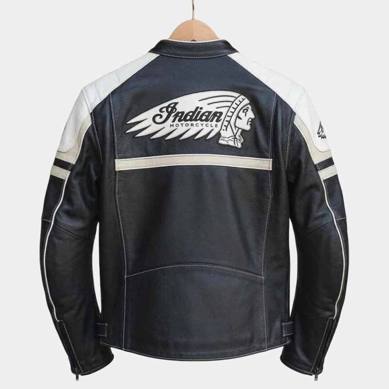 Indian Men's Black and White Cowhide Leather Motorcycle Jacket with Embroidered Logo
