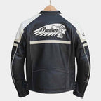 Indian Men's Black and White Cowhide Leather Motorcycle Jacket with Embroidered Logo