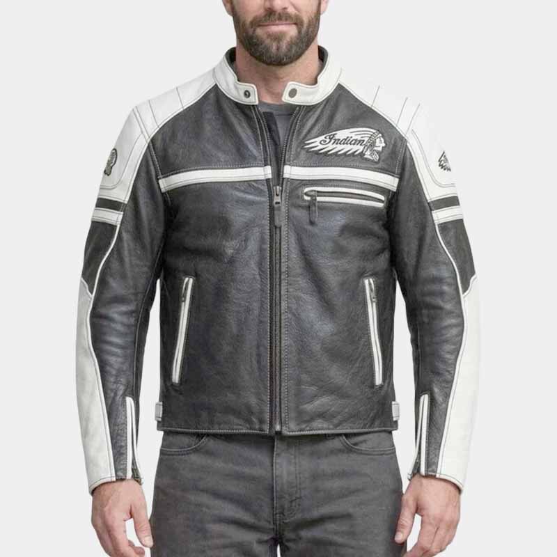 Indian Men's Black and White Cowhide Leather Motorcycle Jacket with Embroidered Logo