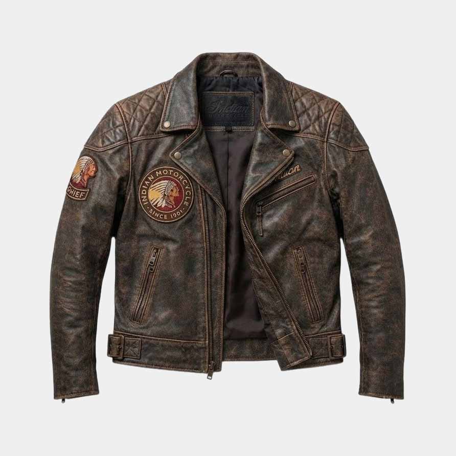 Indian Men's Distressed Brown Cowhide Leather Motorcycle Jacket with CE Armor