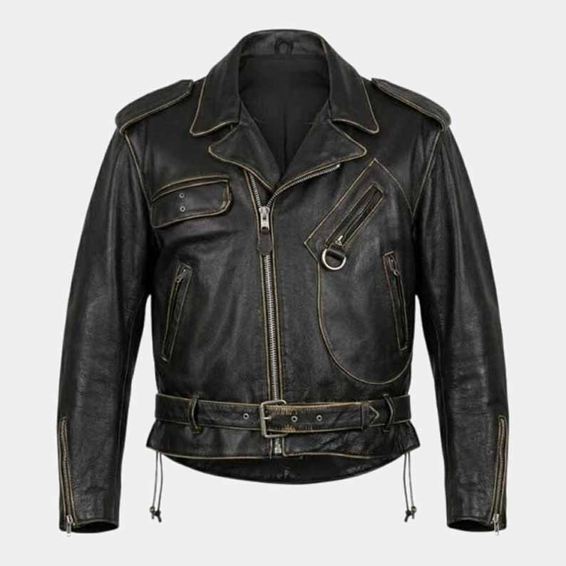 Indian Unisex Distressed Brown Leather Motorcycle Jacket with Adjustable Waist Belt