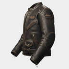 Indian Men's Distressed Brown Cowhide Leather Motorcycle Jacket with Adjustable Waist Belt