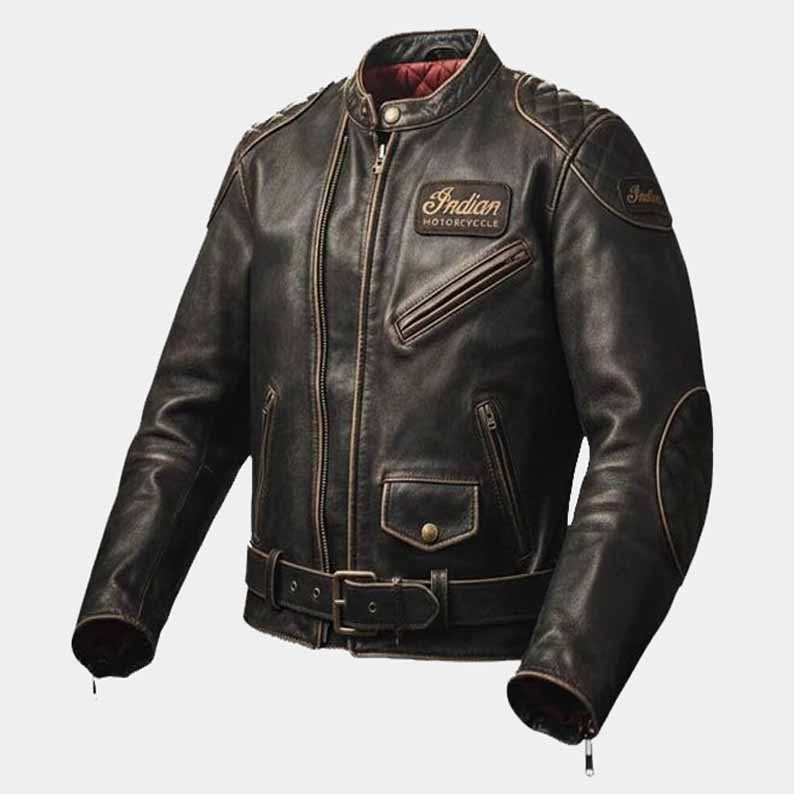 Indian Men's Distressed Brown Cowhide Leather Motorcycle Jacket with Adjustable Waist Belt