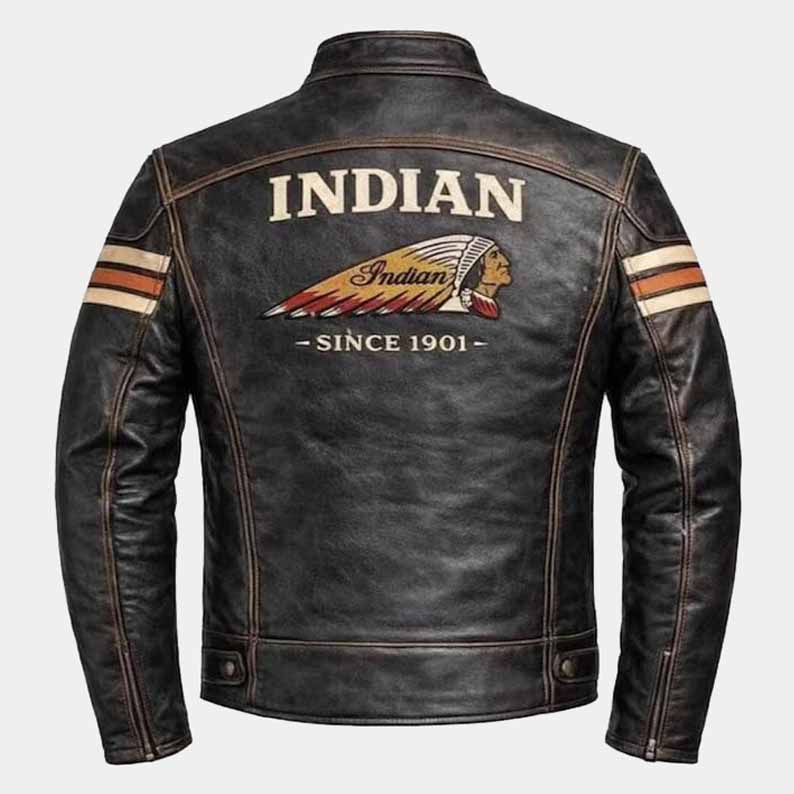 Indian Men's Distressed Cowhide Leather Cafe Racer Jacket with Embroidered Logo
