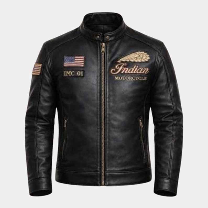 Indian Men's Black Cowhide Leather Motorcycle Jacket with CE Armor and Embroidered Logo