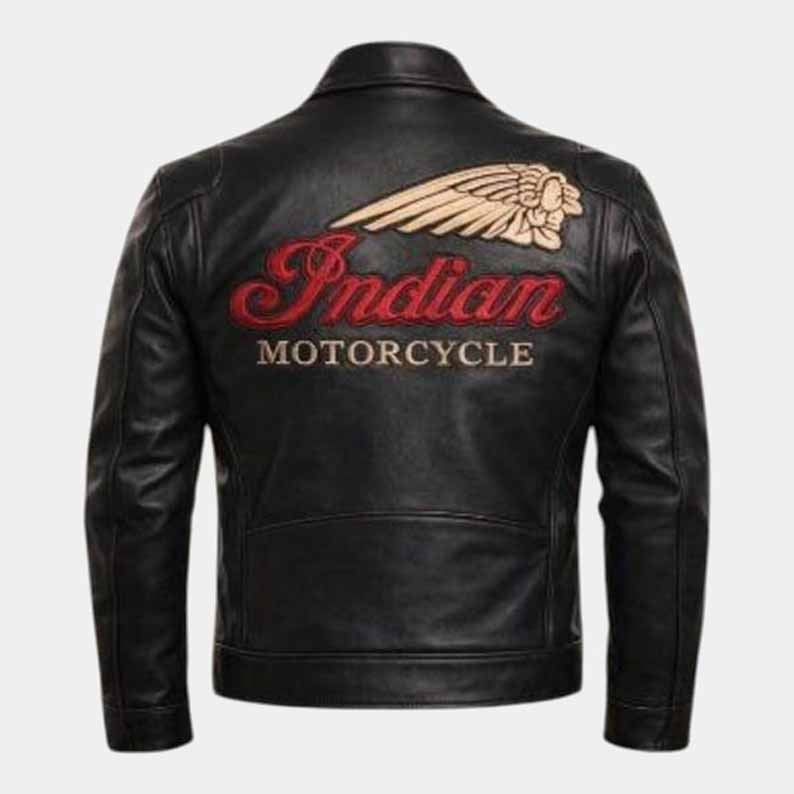Indian Men's Black Cowhide Leather Motorcycle Jacket with CE Armor and Embroidered Logo