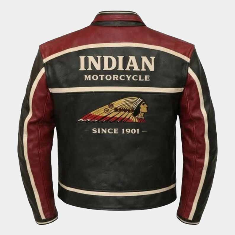 Indian Men's Red and Black Cowhide Leather Motorcycle Jacket with Vintage Racing Style