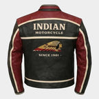 Indian Men's Red and Black Cowhide Leather Motorcycle Jacket with Vintage Racing Style