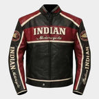 Indian Men's Red and Black Cowhide Leather Motorcycle Jacket with Vintage Racing Style