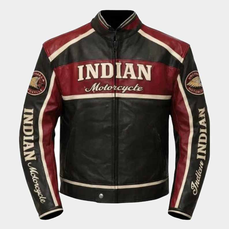 Indian Men's Red and Black Cowhide Leather Motorcycle Jacket with Vintage Racing Style
