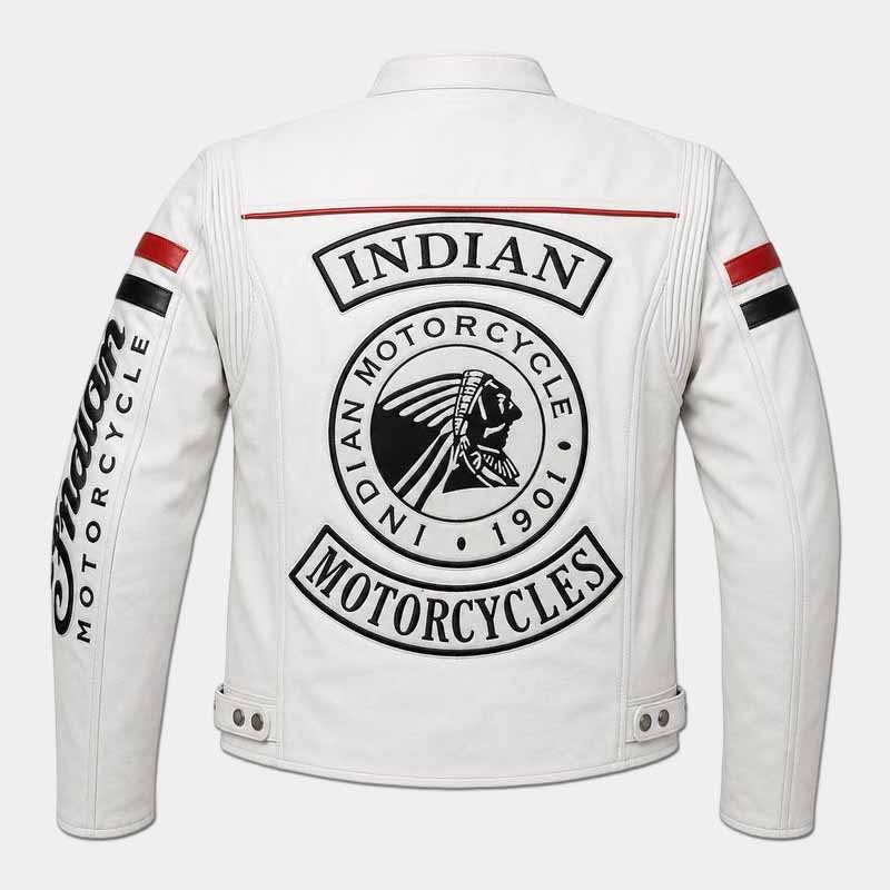 Indian Men's White Cowhide Leather Motorcycle Jacket with Embroidered Logos