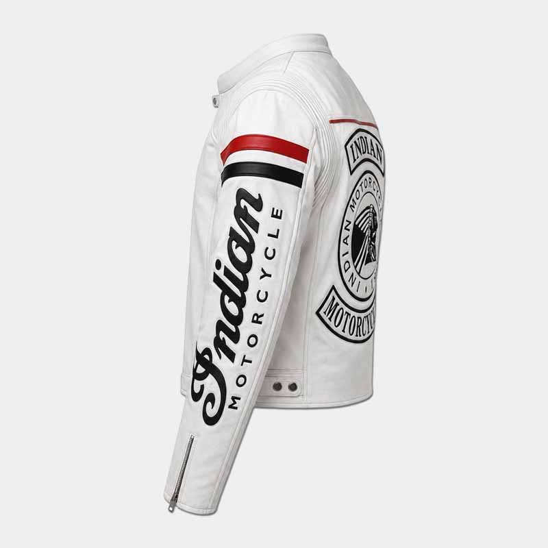 Indian Men's White Cowhide Leather Motorcycle Jacket with Embroidered Logos