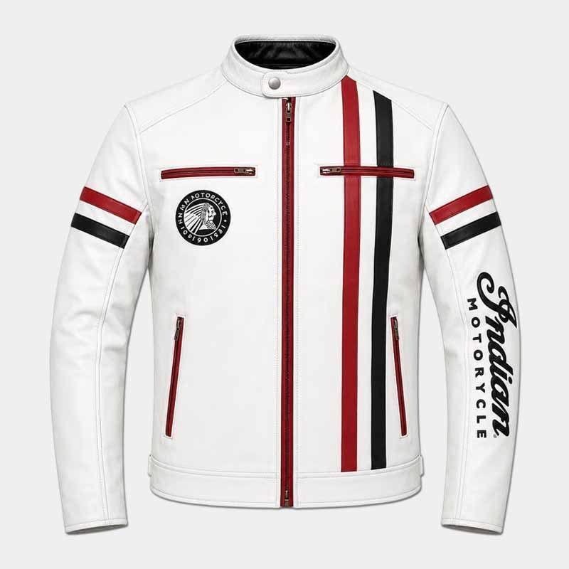 Indian Men's White Cowhide Leather Motorcycle Jacket with Embroidered Logos