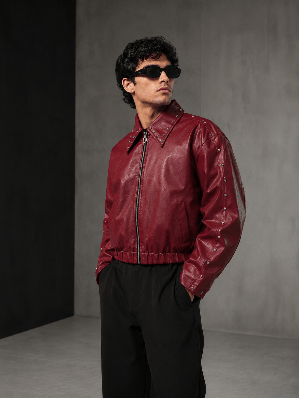 Ironbite Jacket – Burgundy Studded Cropped Boxy Fit  Jacket I XOVRA