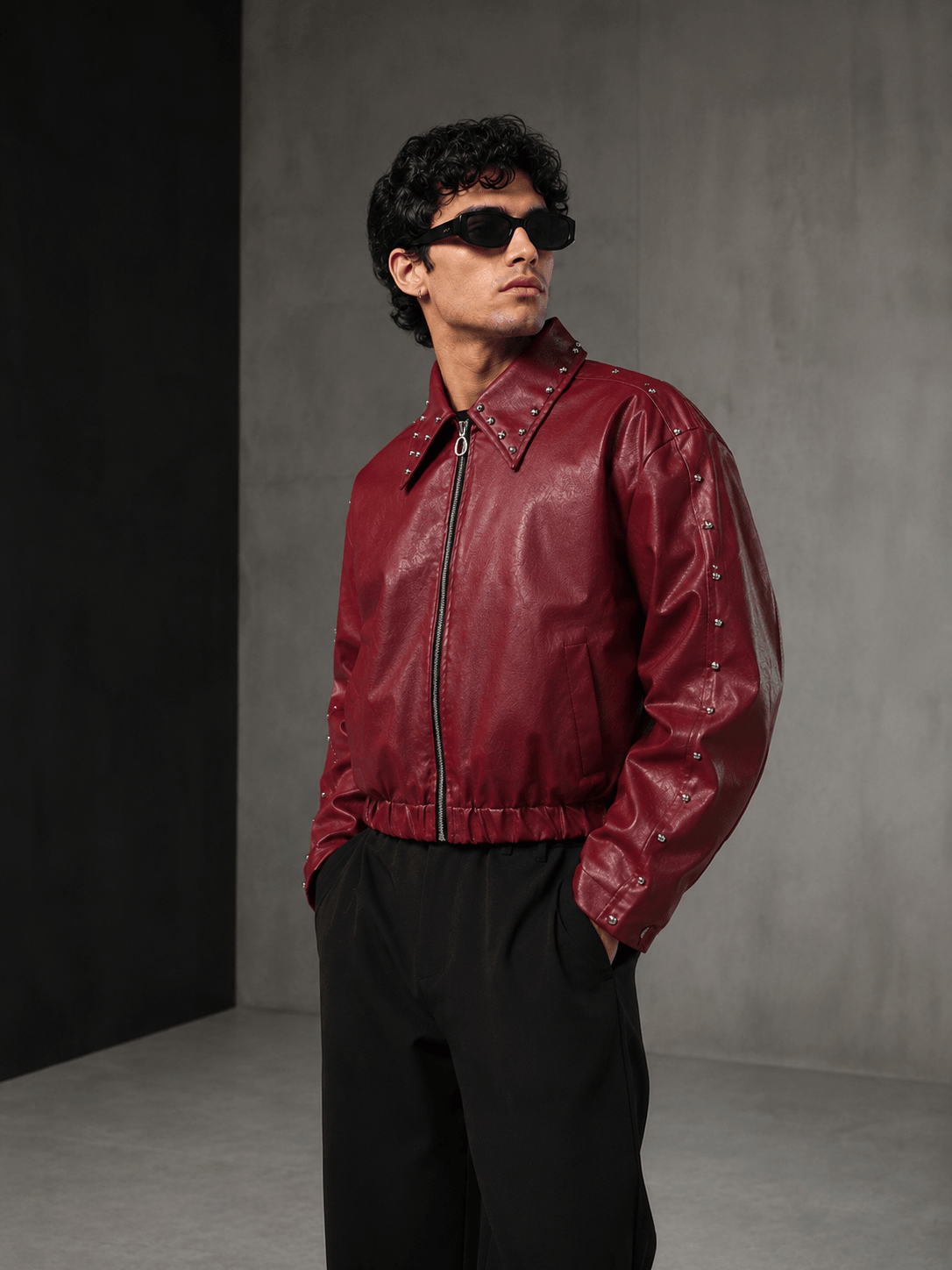 Ironbite Jacket – Burgundy Studded Cropped Boxy Fit  Jacket I XOVRA