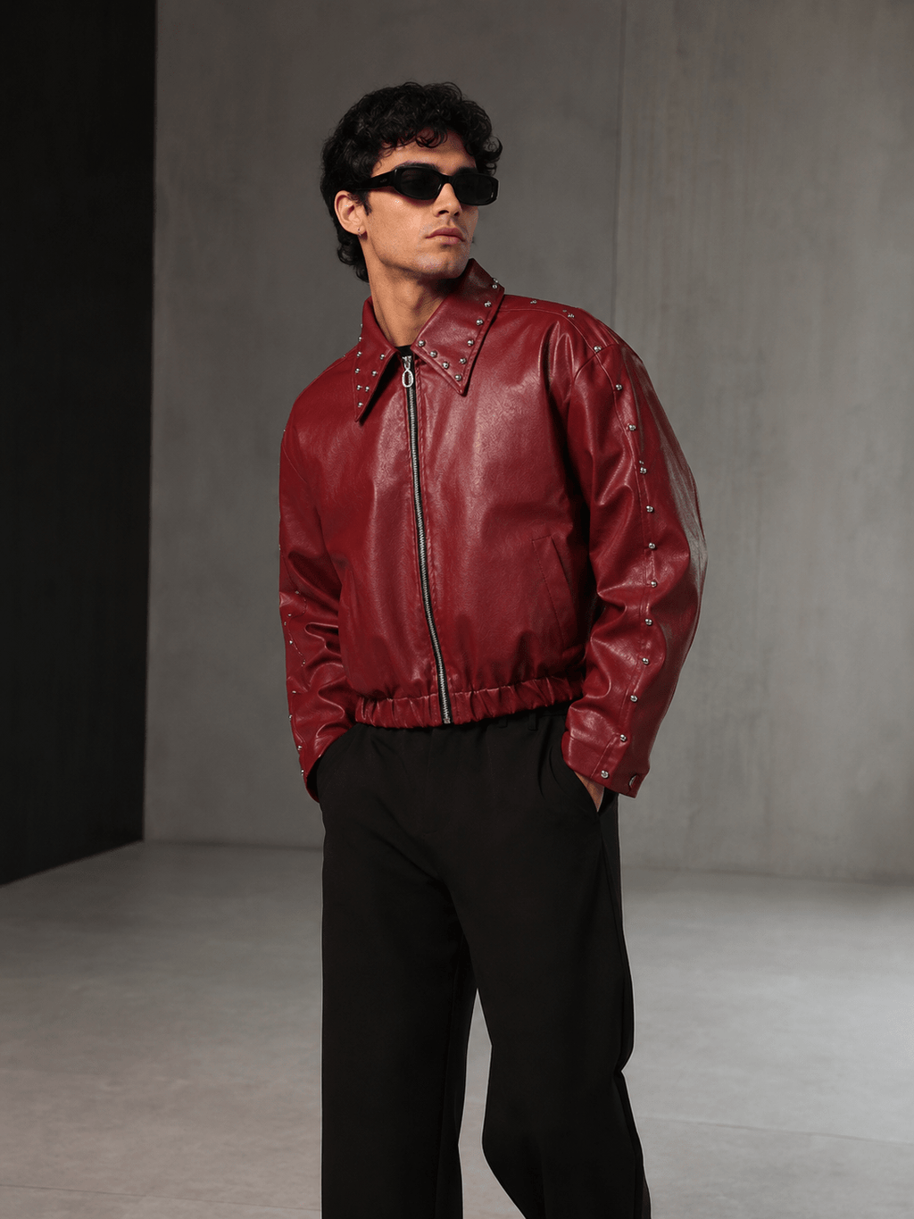 Ironbite Jacket – Burgundy Studded Cropped Boxy Fit  Jacket I XOVRA