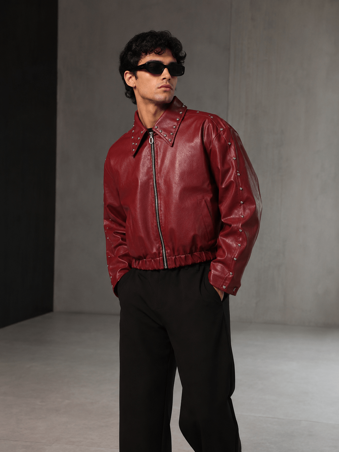 Ironbite Jacket – Burgundy Studded Cropped Boxy Fit  Jacket I XOVRA