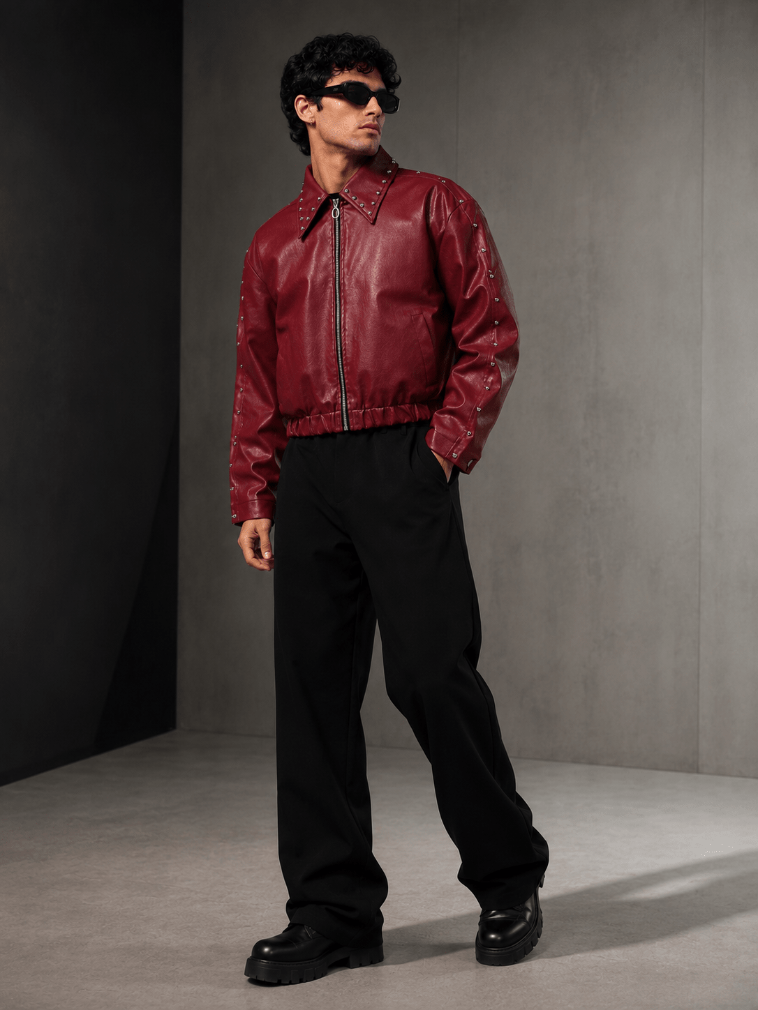 Ironbite Jacket – Burgundy Studded Cropped Boxy Fit  Jacket I XOVRA