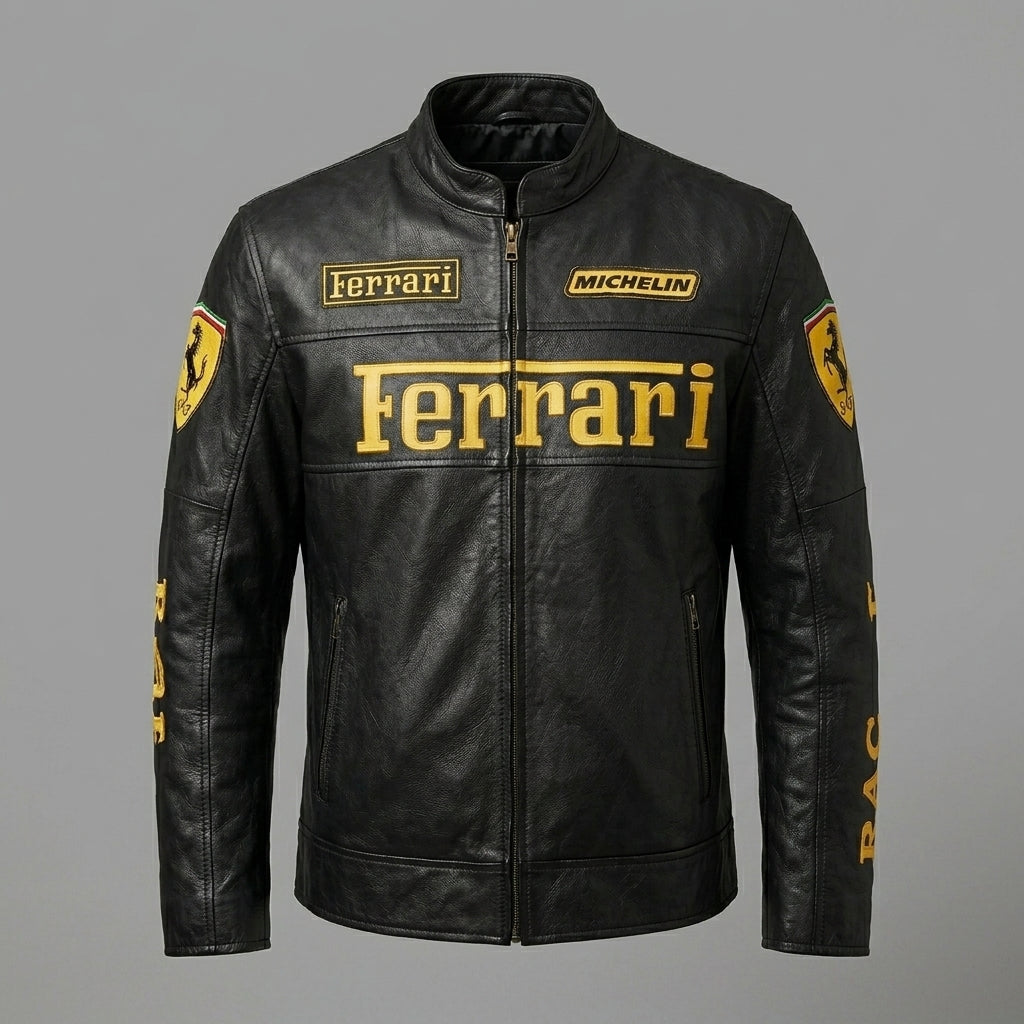 Men’s Ferrari-Inspired Leather Racing Jacket – Real Leather Biker Style