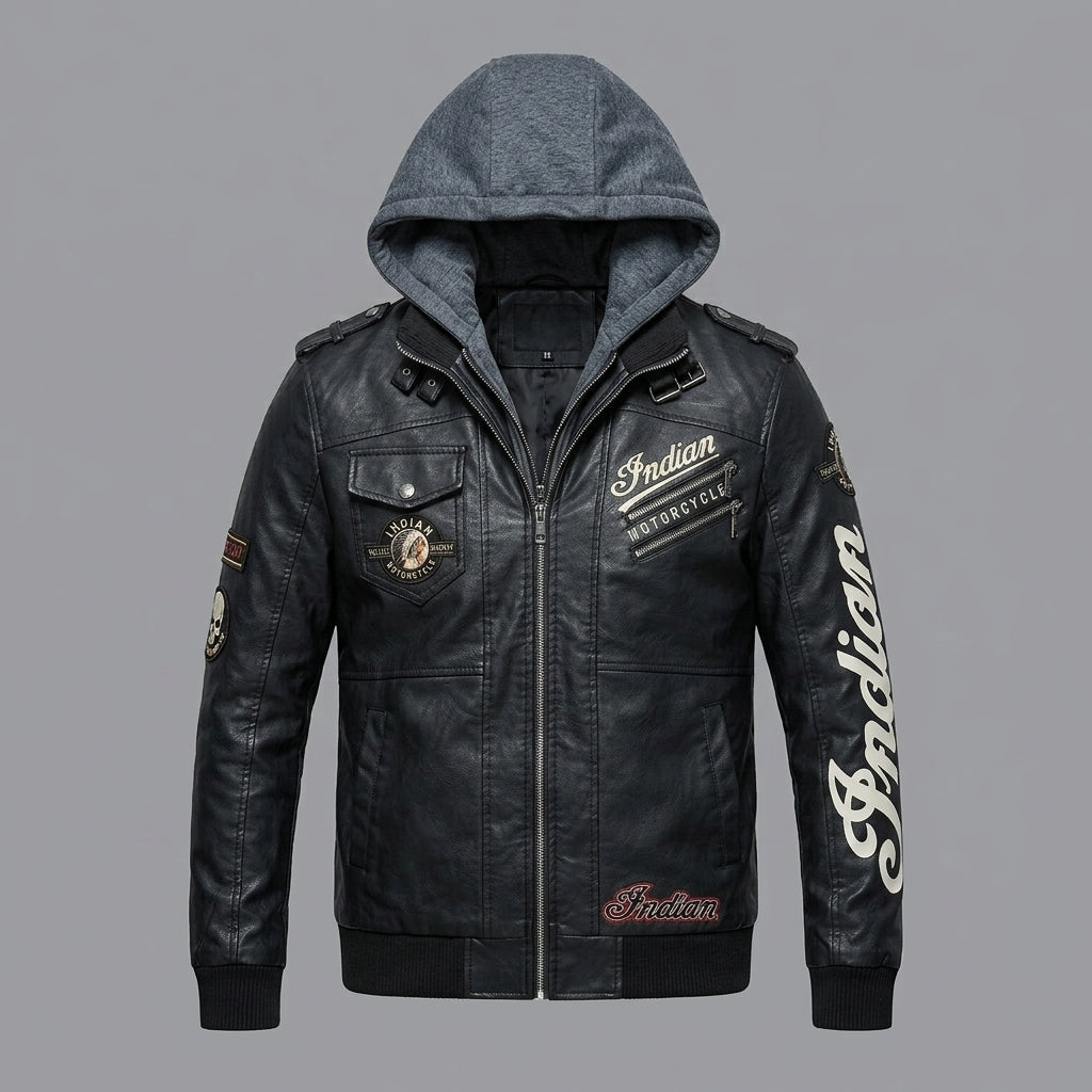 Men’s Indian-Style Leather Biker Jacket – Real Leather Hooded Moto Bomber