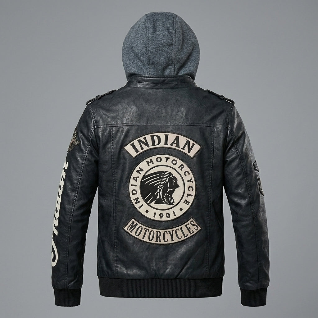 Men’s Indian-Style Leather Biker Jacket – Real Leather Hooded Moto Bomber