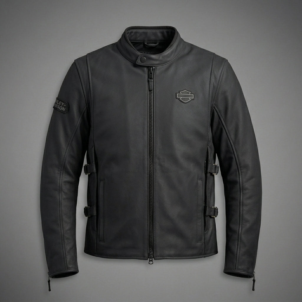 Men’s Matte Black Leather Biker Jacket – Adjustable Buckle Moto Style