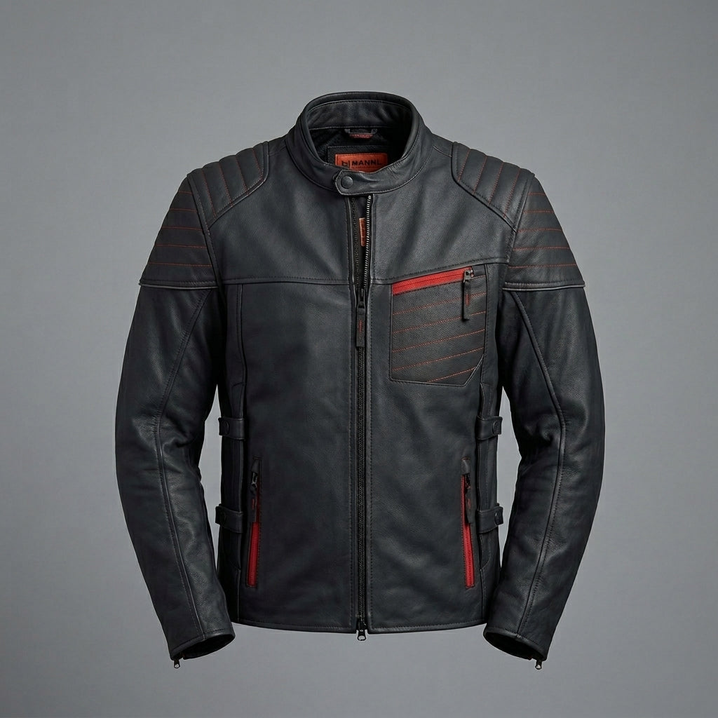 Men’s Matte Black Leather Biker Jacket – Red Stitch Harley Moto Style