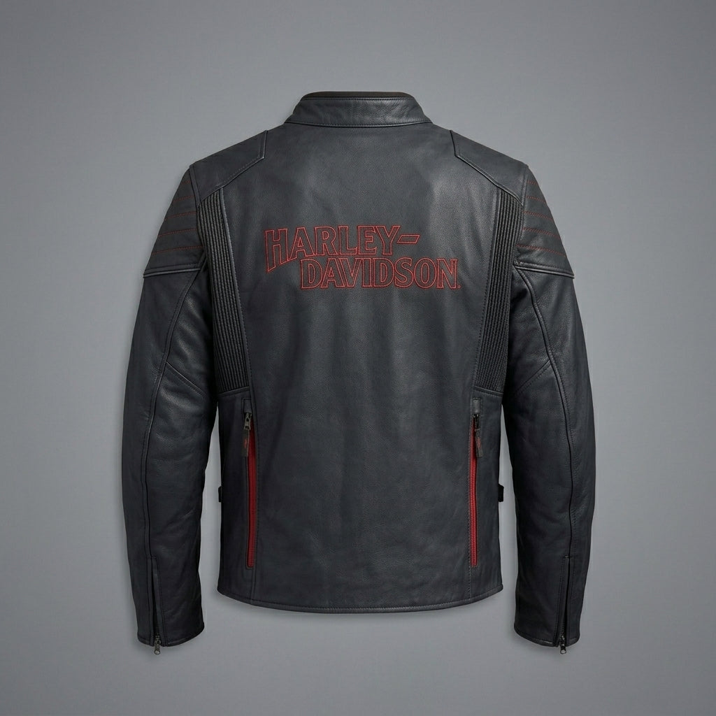 Men’s Matte Black Leather Biker Jacket – Red Stitch Harley Moto Style