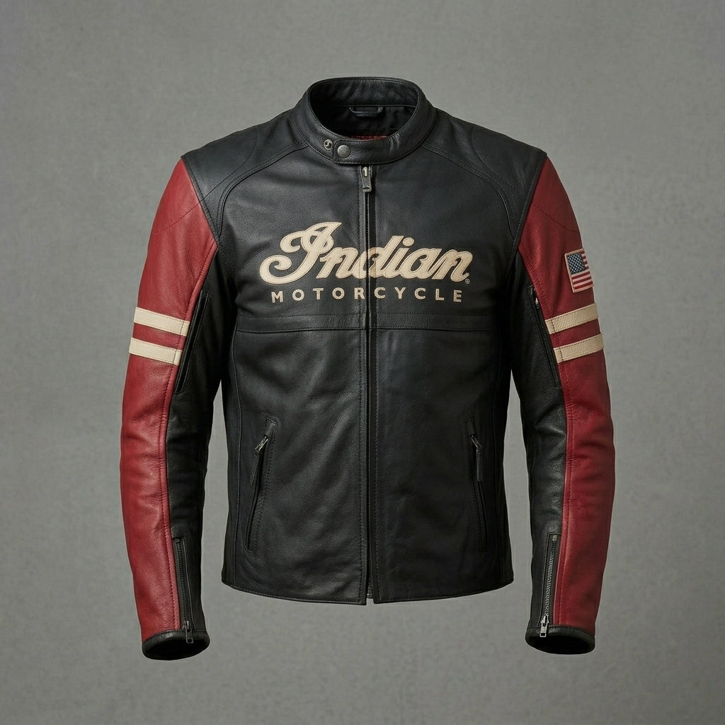 Men’s Vintage Indian-Style Leather Racing Jacket – Red & Black Moto Style