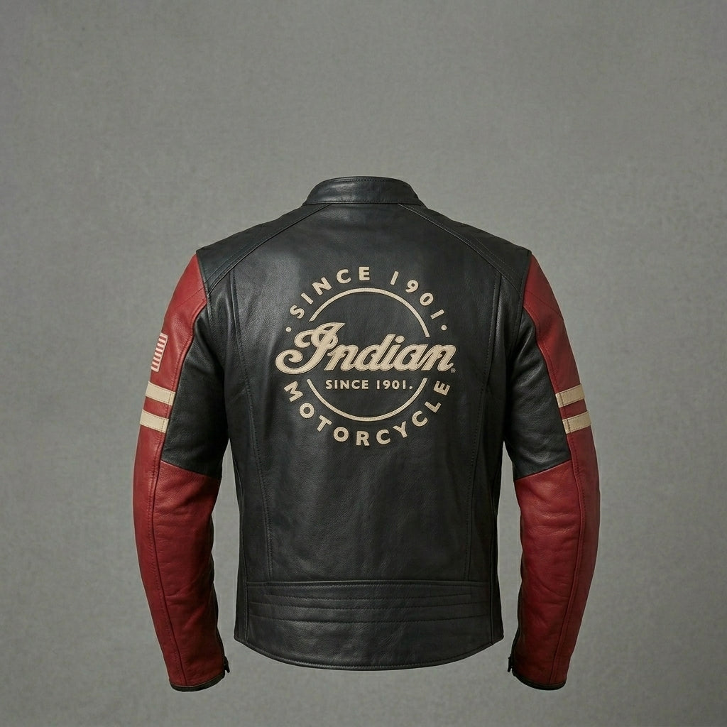 Men’s Vintage Indian-Style Leather Racing Jacket – Red & Black Moto Style