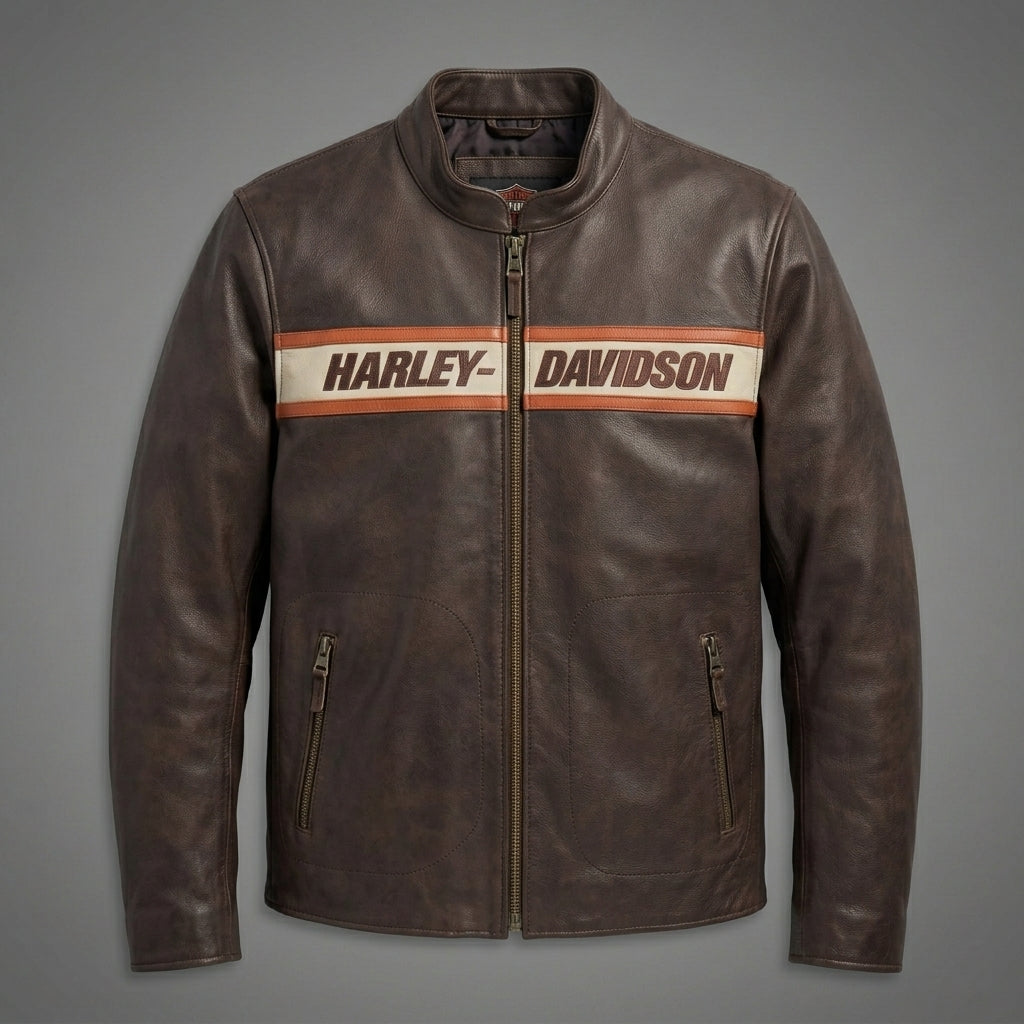 Men’s Harley Two-Tone Leather Biker Jacket – Brown & Black
