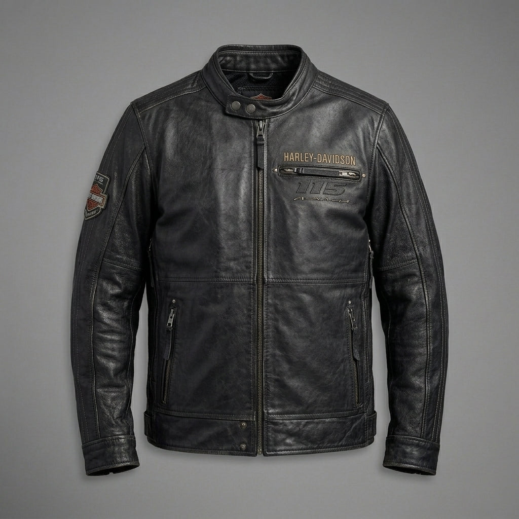 Men’s Vintage Harley-Style Leather Moto Jacket – Anniversary Graphic Edition