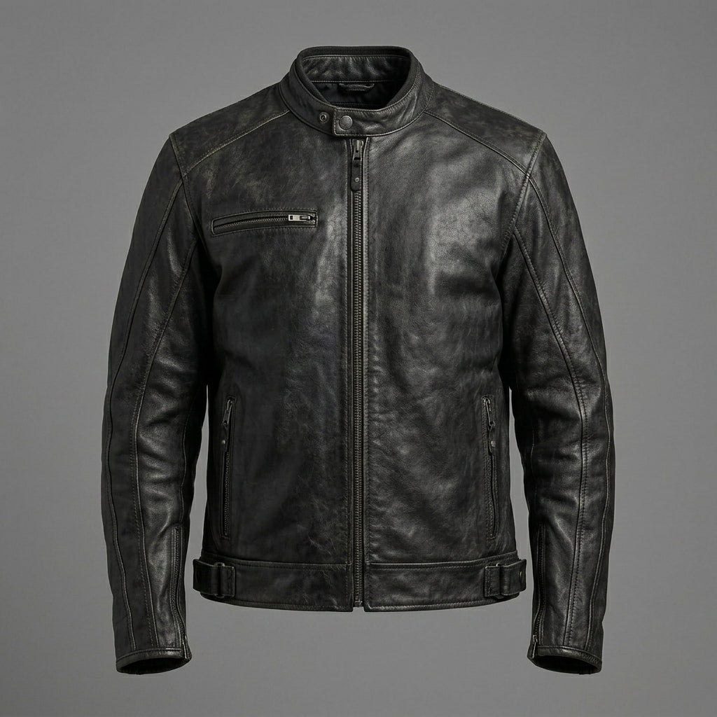 Men’s Skull Distressed Leather Biker Jacket – Harley-Style Moto