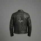 Men’s Skull Distressed Leather Biker Jacket – Harley-Style Moto