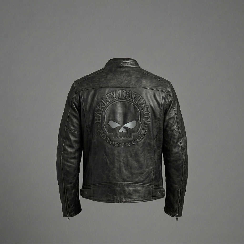 Men’s Skull Distressed Leather Biker Jacket – Harley-Style Moto