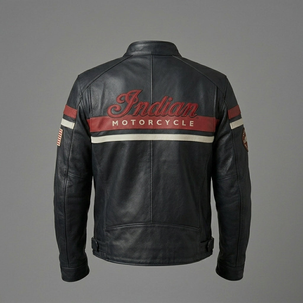 Men’s Indian Motorcycle Style Vintage Leather Biker Jacket – Embroidered Script Logo