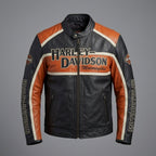 Men’s Harley-Style Leather Racing Jacket – Iconic Orange & Black Tricolor Moto