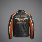 Men’s Harley-Style Leather Racing Jacket – Iconic Orange & Black Tricolor Moto