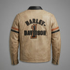 Men’s Harley-Style Leather Moto Jacket – Cream & Black Heritage Edition